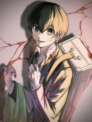  1boy black_eyes black_hair blood blood_on_clothes blood_on_face blood_on_hand box collared_shirt finger_tattoo hand_tattoo highres holding holding_box itsumiyahina jacket looking_at_viewer male_focus nagumo_(sakamoto_days) open_mouth sakamoto_days shirt short_hair solo suitcase tattoo white_shirt 