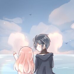 1boy 1girl aeon_(shining_nikki) animal_ears black_eyes black_shirt bloom_poetry_(shining_nikki) blue_coat blue_hair blue_sky blush_stickers cat_ears chibi chinese_commentary clouds coat commentary_request dress fake_animal_ears from_behind holding_hands hood hood_down hooded_coat interruption_(echo-023) jacket light_particles long_hair long_sleeves looking_at_another messy_hair nikki_(nikki) nikki_(series) no_mouth ocean outstretched_arm pink_dress pink_hair plaid_clothes plaid_dress pointy_ears shining_nikki shirt short_hair simple_bird sitting sky solid_oval_eyes turtleneck turtleneck_shirt very_long_hair wavy_hair white_jacket white_shirt 