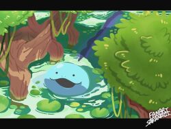  absurdres commentary_request highres letterboxed lily_pad no_humans open_mouth outdoors partially_submerged plant pokemon pokemon_(creature) pokemon_focus quagsire sakanagi_(a_r_co) smile swimming tail tree vines water 