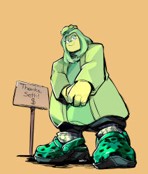  1other absurdres chef_hat coat commentary crocs deltarune english_commentary english_text eyeshadow from_below green_(deltarune) green_coat green_eyeshadow green_hair green_hat green_robe green_shoes hat highres looking_at_viewer looking_down makeup medium_hair micro_(antisocialmicro) orange_background robe shoes sign simple_background smile solo utdr_(toby_fox) 
