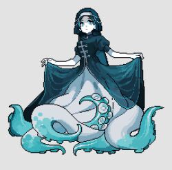  1girl :| ajinasi_nori aqua_eyes aqua_hair aqua_skin black_dress black_headdress breasts closed_mouth clothes_lift colored_skin commentary_request dress dress_lift expressionless full_body highres looking_at_viewer medium_breasts monster_girl multicolored_skin nun_headdress original pixel_art scylla see-through_clothes see-through_dress simple_background solo suction_cups tentacles two-tone_skin white_background white_skin 