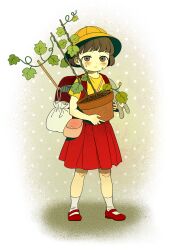  1girl absurdres backpack bag chaojufei commentary_request flower_pot hat highres holding holding_flower_pot kindergarten_bag original plant potted_plant school_bag school_hat solo yellow_hat 