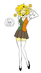  1boy 1girl black_shoes blonde_hair breasts brown_skirt closed_eyes collared_shirt commentary deltarune earrings flower flower_earrings flowery_(deltarune) full_body genderswap genderswap_(mtf) highres jewelry jopopnam00 korean_commentary medium_hair pleated_skirt ralsei salute shirt shoes skirt smile solo_focus thigh-highs two-finger_salute two-tone_vest utdr_(toby_fox) white_shirt white_thighhighs yellow_flower 