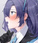  1girl bangs black_gloves blue_archive blue_eyes blurry blurry_background blush depth_of_field fed_(giba) from_side gloves hair_between_eyes hair_ornament necktie open_mouth profile purple_hair shirt simple_background solo twintails two_side_up upper_body violet_eyes white_shirt yuuka_(blue_archive) 