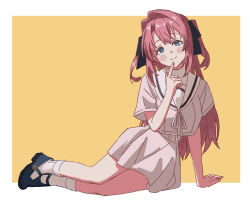  1girl black_ribbon blue_shoes blush border closed_mouth commentary hair_intakes hair_ribbon hand_on_own_chin hino134 kamiina_botan kamiina_botan_yoeru_sugata_wa_yuri_no_hana pink_hair pink_shirt pink_skirt ribbon sailor_collar shirt shoes simple_background skirt smile socks solo white_border white_sailor_collar white_socks yellow_background 