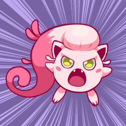  blush blush_stickers commentary emphasis_lines english_commentary fangs full_body grapetylenol green_eyes highres no_humans open_mouth pokemon pokemon_(creature) pokemon_focus purple_background scream_tail solo v-shaped_eyes 