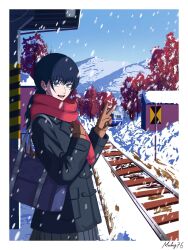  1girl bag black_hair black_jacket blue_bag blue_eyes blue_sky blunt_bangs brown_gloves chainsaw_man cold commentary gloves highres jacket long_sleeves looking_at_viewer mccheese mitaka_asa railroad_tracks red_scarf scarf shoulder_bag sky smile snow snowing solo teeth tongue train twintails v 