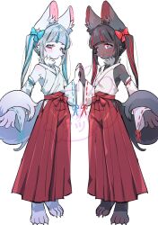  2girls animal_ear_fluff animal_ears barefoot black_fur black_hair blue_bow blue_eyes blue_streaks blunt_bangs body_fur bow bowtie character_name commentary_request copyright_request detached_sleeves digitigrade fox_ears fox_girl fox_tail full_body furry furry_female hakama hakama_skirt hand_on_another's_hand highres japanese_clothes kimono looking_at_viewer multicolored_eyes multicolored_hair multiple_girls neck_fur open_mouth pikapika100star red_bow red_eyes red_streaks simple_background skirt snout streaked_hair symmetrical_pose tail twintails two-tone_eyes white_background white_fur white_hair 