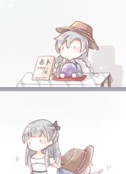 2girls arms_on_table bare_arms bare_shoulders belt belt_buckle black_bow black_eyes blue_shirt blush_stickers bow braid brown_hat buckle building chibi chinese_commentary clothes_grab collared_shirt commentary_request crystal_ball dragging dress fortune_telling genderswap genderswap_(mtf) grabbing_another's_shirt grey_hair hair_between_eyes hair_bow hair_tie hat hat_belt helz_(shining_nikki) high_collar interruption_(echo-023) kimi_(miracle_nikki) long_hair long_sidelocks low_twin_braids miracle_nikki motion_lines multiple_girls nape_braid nikki_(series) no_mouth off-shoulder_dress off_shoulder red_belt shining_nikki shirt short_sleeves sidelocks sign skyscraper solid_oval_eyes straight_hair striped_clothes striped_dress striped_shirt suspenders table tablecloth trait_connection twin_braids upturned_eyes vertical-striped_clothes vertical-striped_shirt very_long_hair white_background white_dress 