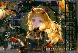  1girl ahoge black_shirt blonde_hair breasts commentary_request copyright_request dated english_text gloves half_gloves holding holding_smoking_pipe horns kiseru long_hair long_sleeves looking_at_viewer medium_breasts red_gloves say_hana shirt smoke smoking_pipe solo translation_request upper_body very_long_hair violet_eyes virtual_youtuber watermark 