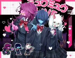  1boy 1girl 1other animal_ears bow bowtie colored_teeth crossdressing crossdressing_(mtf) deltarune furry furry_female furry_male game_screenshot_background goat_boy goat_ears green-framed_eyewear hair_over_eyes hair_over_one_eye heart highres horns kris_(dark_world)_(deltarune) kris_(deltarune) lingxiankong1 official_alternate_costume pink_horns pointing ralsei reptile_girl school_uniform screenshot_background skirt squatting susie_(dark_world)_(deltarune) susie_(deltarune) the_fun_gang utdr_(toby_fox) yellow_teeth 