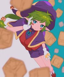  1girl capelet cube gloves green_hair gryll_(kirby) hat highres humanization jester_cap kanafumi_(spindle) kirby's_star_stacker kirby_(series) pants personification pointy_ears ponytail purple_capelet shirt shoes smile witch witch_hat 