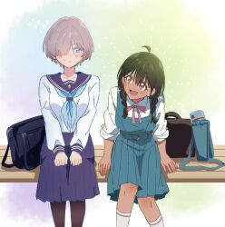  2girls anosillus_ii backpack bag blue_eyes bow bowtie braid commentary green_hair grey_hair gridman_universe highres kneehighs light_blush long_hair long_sleeves looking_at_another mujina multiple_girls nikonishi official_alternate_costume pantyhose pleated_skirt red_bow red_bowtie red_eyes sailor_collar school_uniform short_hair sitting skirt smile socks ssss.dynazenon twin_braids untranslatable_commentary 