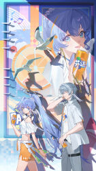  1boy 1girl absurdres bird blue_eyes blue_hair braid brother_and_sister can chinese_commentary commentary_request day drink_can drinking_straw earrings fanta grey_hair grey_pants grey_shirt halo head_wings highres honkai:_star_rail honkai_(series) jewelry midriff multicolored_hair open_clothes open_shirt orange_hair orange_skirt pants robin_(fanta)_(honkai:_star_rail) robin_(honkai:_star_rail) shadow shirt siblings skirt soda_can streaked_hair sunday_(fanta)_(honkai:_star_rail) sunday_(honkai:_star_rail) very_long_braid white_shirt white_wings wings ye_xing_caomei 