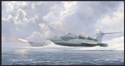  aircraft airplane black_border border clouds commentary cotact147 day flying ground_effect highres horizon jet_engine lun-class_ekranoplan military missile missile_trail no_humans ocean original outdoors overcast scenery seaplane sky vehicle_focus wake_(wave) 