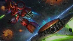  absurdres battle beam_cannon copyright_notice debris energy_blade energy_sword explosion glowing gundam gundam_battle_operation_2 highres mecha mecha_focus mobile_suit nebula no_humans official_art realistic rig_contio robot science_fiction space star_(sky) sunrise_(company) sword tenjin_hidetaka thrusters victory_gundam war weapon zanscare zero_gravity 