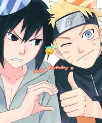  2boys annoyed black_eyes black_hair black_headband blonde_hair blue_eyes commentary_request facial_mark forehead_protector happy_birthday hat headband heart_hands_failure highres jungeoljungeol konohagakure_symbol korean_commentary male_focus multiple_boys naruto_(series) naruto_shippuuden one_eye_closed party_hat smile thumbs_up uchiha_sasuke uzumaki_naruto v-shaped_eyebrows whisker_markings 