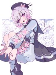  1girl :d belt beret black_choker black_coat black_hat black_shoes center_frills cherry_blossoms choker coat collared_coat commentary_request flower flower-trimmed_shorts flower-trimmed_sleeves frilled_socks frills full_body hair_flower hair_ornament hat hat_flower hat_ribbon highres long_sleeves looking_at_viewer mahou_shoujo_no_majo_saiban mint_onyo neck_ribbon open_mouth pants pink_eyes pink_hair ribbon sakuraba_ema shirt shoes short_hair shorts sleeveless sleeveless_coat smile socks solo white_background white_flower white_pants white_ribbon white_shirt white_shorts white_sleeves white_socks x_hair_ornament 