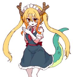  1girl absurdres black_dress blush collared_shirt dragon_girl dragon_horns dragon_tail dress fang hair_between_eyes highres horns kobayashi-san_chi_no_maidragon long_hair looking_at_viewer necktie open_mouth orange_eyes pantyhose pinafore_dress puffy_short_sleeves puffy_sleeves rampa93 red_necktie shirt short_sleeves simple_background skin_fang sleeveless sleeveless_dress smile tail tohru_(maidragon) twintails very_long_hair white_background white_pantyhose white_shirt 