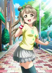  1girl anime_coloring black_thighhighs blue_sky blush bow breasts brown_hair clouds collarbone cowboy_shot crosswalk day dot_nose flower flower_pot from_side green_bow grey_skirt hair_bow hand_up layered_skirt long_hair looking_afar looking_back love_live! love_live!_school_idol_festival love_live!_school_idol_project minami_kotori minami_kotori_(summer_training_wear) miniskirt official_art one_side_up open_mouth outdoors palms pavement plant potted_plant red_flower road shirt short_sleeves sidewalk skirt sky smile solo standing storefront street sunlight t-shirt teeth thigh-highs tree upper_teeth_only utility_pole white_flower wristband yellow_eyes yellow_shirt 