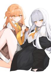  2girls absurdres black_jacket black_survival blunt_bangs breasts brown_cardigan cardigan closed_mouth commentary english_commentary eternal_return:_black_survival geah hair_between_eyes hair_bun highres holding holding_paintbrush jacket jacket_partially_removed large_breasts long_hair long_sleeves looking_at_viewer multiple_girls open_mouth orange_hair paintbrush pencil pencil_in_hair pout rio_(black_survival) school_uniform shirt simple_background single_hair_bun sitting skirt tia_(black_survival) white_background white_hair white_shirt yellow_eyes 
