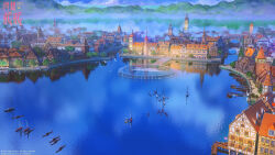  3d arsenixc bird blue_sky boardwalk boat bridge cityscape clock clock_tower clouds commentary copyright_logo copyright_notice day english_commentary flock highres house logo nikki_(series) no_humans ocean outdoors reflection reflective_liquid sailboat scenery shining_nikki simple_bird sky swan tower watercraft white_bird 