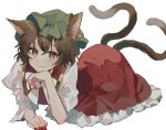  1girl :3 animal_ear_fluff animal_ears arm_support blush bow bowtie brown_eyes brown_hair cat_ears cat_girl cat_tail chen closed_mouth commentary dress earrings full_body green_headwear hand_on_own_chin hat highres jewelry looking_at_viewer lying mob_cap multiple_tails nail_polish nekomata on_stomach pinafore_dress red_dress red_nails shirt short_hair single_earring smile solo tail touhou two_tails white_background white_bow white_bowtie white_shirt yanfei_u 
