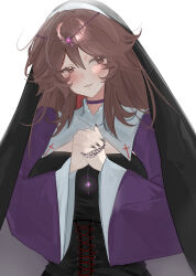  1girl absurdres ascot black_veil brown_eyes brown_hair choker corset danariel_(ravencove) dress genderswap genderswap_(mtf) highres holding_rosary indie_virtual_youtuber long_hair long_sleeves looking_at_viewer minecraft_youtube nun nun_headdress portuguese_commentary purple_choker ravencove solo todinhogachaofc veil wide_sleeves 