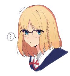  1girl :o ? absurdres black-framed_eyewear blonde_hair blue_cardigan blue_eyes braid cardigan collared_shirt commentary fate/strange_fake fate_(series) glasses highres long_hair sajou_ayaka_(fate/strange_fake) shirt simple_background solo white_background white_shirt yaajjjjjp 