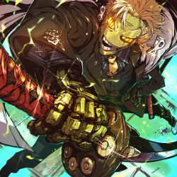  1boy absurdres aqua_background black_pants black_shirt black_vest blonde_hair blue_trim buckle bullet cape colored_skin commentary_request dress_shirt floating_cape from_above full_body glint green_skin guilty_gear guilty_gear_strive hand_on_own_hip highres holding holding_sword holding_weapon illustica_phantom joints katana layered_clothes layered_sleeves long_sleeves looking_at_viewer male_focus outstretched_arm pants robo-ky robot robot_joints sheath sheathed shirt shoes side_cape sleeve_cuffs smile solo sparks suit sword teeth vest weapon white_cape white_shoes winding_key 