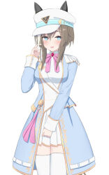  1girl animal_ears blue_coat blue_eyes blush bow breasts brown_hair ceresia8327 cheval_grand_(umamusume) coat commentary_request ear_covers ears_through_headwear gem hair_between_eyes hat hat_belt highres horse_ears horse_girl horse_tail looking_at_viewer medium_breasts multicolored_hair open_mouth pink_bow red_gem simple_background skirt smile snowy_integrity_(umamusume) solo streaked_hair tail thigh-highs umamusume white_background white_hair white_hat white_skirt white_thighhighs 