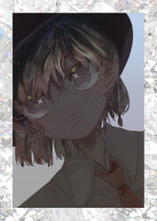  1girl :| absurdres black_hat border brown_eyes brown_hair closed_mouth collared_shirt commentary_request diamond_(gemstone) dutch_angle hat hawao highres looking_at_viewer necktie portrait red_necktie shirt solo touhou usami_renko white_shirt 