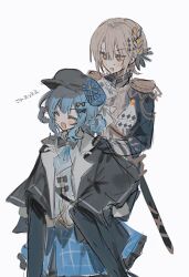 2girls bird_hat_ornament black_bow black_bowtie black_capelet black_coat black_gloves black_hat blonde_hair blue_hair blue_necktie blue_skirt bow bowtie braid braided_hair_rings capelet closed_eyes coat collared_shirt cowboy_shot curtained_hair deerstalker diamond_hair_ornament epaulettes frilled_skirt frills gloves hair_bow hair_ornament hair_rings hand_on_another's_shoulder hasumi_leia hat hat_bow high_collar highres inagoinaire layered_skirt long_sleeves mahou_shoujo_no_majo_saiban multiple_girls necktie open_mouth plaid_clothes plaid_skirt scarf shirt short_hair simple_background skirt smile tachibana_sherry translation_request vest white_background white_shirt yellow_eyes 