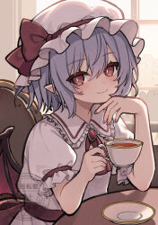 1girl ascot bat_wings blue_hair blush bow brooch closed_mouth collared_shirt commentary_request cup frilled_shirt_collar frills hair_between_eyes hat hat_bow highres holding holding_cup jewelry looking_at_viewer medium_hair mob_cap pink_hat pink_shirt pink_skirt pointy_ears red_ascot red_bow red_eyes red_nails remilia_scarlet saucer shirt skirt skirt_set smile solo teacup touhou watermark wings yuineko 