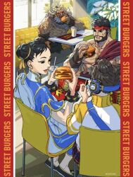  2boys 2girls akuma_(street_fighter) beard black_hair bracelet brown_hair burger cafe chair chest_hair china_dress chinese_clothes chun-li cup disposable_cup double_bun dress drinking_straw earrings eating english_text facial_hair fast_food food french_fries hair_bun hair_ribbon headband headphones highres holding holding_food jacket jewelry lettuce li-fen mcdonald's mother_and_child mother_and_daughter multiple_boys multiple_girls muscular muscular_male official_art old on_chair parent_and_child pectorals red_headband restaurant ribbon ryu_(street_fighter) sash scar short_hair sitting smile spiked_bracelet spikes street_fighter street_fighter_6 table topless_male twitter_username yellow_ribbon 