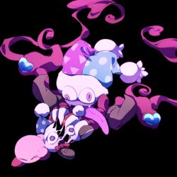  6_9 bisected black_background blush_stickers bow bowtie claws colored_skin commentary_request fangs hat jester_cap kirby kirby_(series) kirby_super_star_ultra long_tongue marx_(kirby) marx_soul pointy_shoes pom_pom_(clothes) purple_skin red_bow red_bowtie tongue tongue_out yh_limbow 