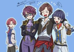  4girls :d =_= ahoge alternate_hair_length_(longer) alternate_hair_length_(shorter) antenna_hair arm_on_another's_shoulder arms_at_sides arrow_(symbol) ascot belt black-framed_eyewear black_belt black_jacket blue_background blue_jacket blue_outline blue_vest blunt_bangs brown_belt brown_gloves brown_hair closed_eyes collarbone collared_jacket commentary_request cosplay cowboy_shot crossdressing crossdressing_(ftm) crossed_arms curtained_hair epaulettes facing_ahead facing_another facing_to_the_side flipped_bangs flipped_hair frilled_sleeves frills glasses gloves green_eyes grey_pants hand_on_another's_arm hand_on_another's_shoulder hands_on_own_arms hands_up high_collar hoshimi_junna isurugi_futaba jacket lapels laughing lineup long_hair long_sleeves looking_to_the_side lower_teeth_only multicolored_jacket multiple_girls ni_kki04_s notched_lapels notice_lines official_alternate_costume official_alternate_hairstyle one_eye_closed open_clothes open_jacket open_mouth outline pants parted_bangs pink_hair pinstripe_pants pinstripe_pattern ponytail puff_of_air purple_ascot purple_hair purple_pants purple_shirt red_shirt shirt short_hair shoujo_kageki_revue_starlight shoulder_belt sidelocks sideways_glance simple_background smile standing sweatdrop tailcoat teeth tendo_maya three-quarter_sleeves translation_request tsuyuzaki_mahiru two-tone_jacket upper_body v-shaped_eyebrows vest violet_eyes white_jacket white_pants white_shirt white_trim yellow_trim 