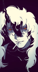  1boy arknights black_background cigarette commentary_request demon_boy demon_horns dry-er flamebringer_(arknights) hair_between_eyes hood hood_up horns infection_monitor_(arknights) limited_palette looking_at_viewer male_focus material_growth monochrome mouth_hold orange_eyes oripathy_lesion_(arknights) parted_lips portrait simple_background single_horn smoke smoking solo spot_color 