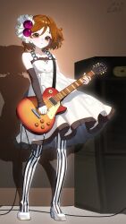  1girl absurdres amplifier arm_warmers bare_shoulders black_arm_warmers black_trim brown_eyes brown_hair chinese_commentary commentary_request don't_say_"lazy" dress electric_guitar full_body guitar hair_ornament highres hirasawa_yui holding holding_instrument indoors instrument k-on! looking_at_viewer official_alternate_costume pantyhose parted_lips shadow shoes short_hair signature single_arm_warmer sleeveless sleeveless_dress solo standing striped_clothes striped_pantyhose vertical-striped_clothes vertical-striped_pantyhose white_dress white_pantyhose white_shoes xi_cccii 