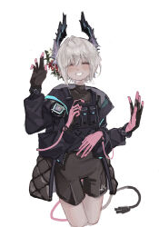  1girl arknights bird_girl black_gloves black_jacket black_shorts blush cable cable_tail closed_eyes commentary_request electric_plug electric_plug_tail extra_arms flower gloves hair_flower hair_ornament head_wings highres jacket marin_(jaguchi38) mechanical_arms mechanical_tail medium_hair multicolored_gloves open_clothes open_jacket pink_gloves pouch raidian_(arknights) rhodes_island_uniform shorts smile tail teeth waving white_background white_hair wings 