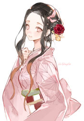 1girl aged_up back_bow black_hair bow checkered_sash chinese_commentary colored_tips commentary_request curtained_hair flower from_side hair_flower hair_ornament hair_ribbon hand_up highres japanese_clothes kamado_nezuko kimetsu_no_yaiba kimono long_sidelocks long_sleeves looking_at_viewer multicolored_hair obi obiage obijime parted_lips pink_eyes pink_kimono pink_ribbon red_flower ribbon sash short_hair_with_long_locks sidelocks simple_background smile solo white_background white_flower yellow_flower yoru_(yorusumire) 