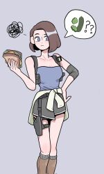  1girl black_skirt blue_eyes blue_tube_top boots brown_hair commentary cucumber elbow_pads food grey_background hand_on_own_hip heart_blu3 highres holding holding_food holding_sandwich jill_valentine miniskirt resident_evil resident_evil_3:_nemesis sandwich short_hair simple_background single_elbow_pad skirt strapless thigh_strap tube_top untranslatable_commentary 