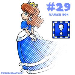  1girl blue_dress brown_hair commentary crown dress earrings english_commentary english_text flower_earrings frilled_gloves frills gloves gold_crown gown highres jewelry keidontlie medium_hair nakaue_shigehisa_(style) pointed_crown princess princess_daisy puffy_sleeves short_sleeves simple_background smile solo super_mario_bros. vanish_box_(mario) white_background white_gloves 