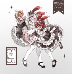  2boys absurdres animal_ears aotsuki_eito apron ascot black_bow black_dress black_hair black_shoes blue_eyes bow chinese_commentary commentary_request crossdressing crossdressing_(mtf) dress english_text enmaided eyelashes food frilled_apron frills glasses gloves grey_hair hair_bow highres holding holding_tray leg_up long_sleeves maid maid_apron maid_headdress male_focus male_maid mary_janes miao_miao_miao_le multicolored_hair multiple_boys open_mouth pancake pancake_stack pantyhose parfait petticoat rabbit_ears red_hair ribbon-trimmed_dress ribbon_trim shoes short_hair sparkle streaked_hair sumino_takumi sweat the_hundred_line_-last_defense_academy- thigh_strap tray tripping tsurime two-tone_hair white_apron white_ascot white_gloves white_pantyhose 