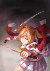  1girl absurdres aiguillette bad_id bad_pixiv_id blonde_hair commentary cowboy_shot daiba_nana dual_wielding fighting_stance from_above fur-trimmed_jacket fur_trim gradient_background green_eyes green_ribbon grey_background grey_skirt hair_between_eyes hair_ribbon highres holding holding_sword holding_weapon jacket jacket_on_shoulders katana long_sleeves looking_ahead outstretched_arms parted_lips pleated_skirt red_jacket red_sash ribbon sash short_hair shoujo_kageki_revue_starlight single_horizontal_stripe skirt solo standing striped_clothes striped_skirt sword two_side_up walluka weapon white_jacket wide-eyed yellow_trim 