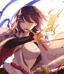  1girl bandages brown_hair chest_sarashi coat commentary_request hair_ornament hand_up highres hitomi_(1qndlbd_kuee) holding holding_ofuda japanese_clothes katana kimono midriff multicolored_hair ofuda open_clothes pink_hair puzzle_&amp;_dragons red_bandage sarashi seina_(p&amp;d) sheath sheathed short_hair solo standing streaked_hair sword two-tone_hair weapon white_background 