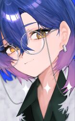  1girl black_shirt blue_hair closed_mouth collared_shirt commentary_request commission glasses gradient_hair grey_background highres looking_at_viewer medium_hair multicolored_hair original oubaisameko_181 portrait purple_hair round_eyewear shirt skeb_commission solo white-framed_eyewear yellow_eyes 