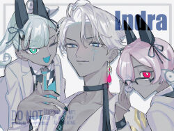  1boy 2boys 2girls animal_ears aqua_eyes aqua_hair black_nails black_ribbon blue_eyes boy_vajra_(celebratory_attire)_(fate) boy_vajra_(fate) bright_pupils choker collared_shirt colored_skin commentary_request dark-skinned_female dark-skinned_male dark_skin earrings facial_mark fake_animal_ears fate/grand_order fate_(series) girl_vajra_(celebratory_attire)_(fate) girl_vajra_(fate) glasses green_eyes grey_hair grey_jacket hair_over_one_eye hand_up highres indra_(celebratory_attire)_(fate) indra_(fate) jacket jewelry long_hair long_sleeves looking_at_viewer moyasinosei multiple_boys multiple_girls necktie one_eye_closed open_clothes open_jacket open_mouth parted_lips pink_eyes pink_hair ponytail rabbit_ears red_eyes ribbon shirt short_hair simple_background smile symbol-shaped_pupils twintails upper_body watermark white_background white_hair white_jacket white_pupils 