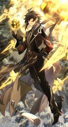  1boy absurdres ahoge arm_behind_back armor brown_hair brown_pants brown_shoes brown_suit colorful_clouds commentary_request empty_eyes frown genshin_impact grey_necktie grey_sky hand_up highres hizuki_miya long_hair looking_at_viewer male_focus meteor necktie pants ponytail shoes shoulder_armor sidelocks sky solo suit tailcoat tassel yellow_eyes zhongli_(genshin_impact) 