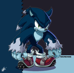 1boy character_name claws closed_mouth commentary dated english_commentary english_text fangs fangs_out furry furry_male looking_at_viewer male_focus shoes sign sonic_(series) sonic_the_hedgehog sonic_the_werehog sonic_unleashed spiked_shoes spikes tyler_mcgrath werehog 